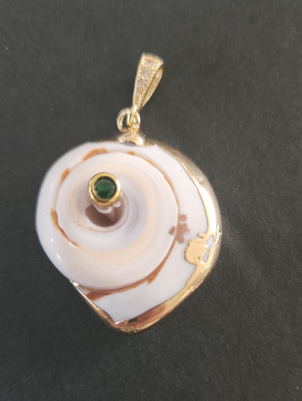 Gold-Tone Natural White Shell Pendant with Emerald Stone